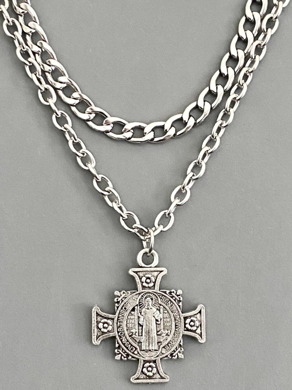NEW, 2 pcs/set layered silver necklaces, big SAINT CROSS, edgy punk goth